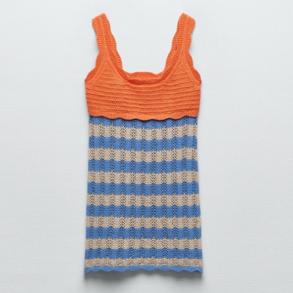 Zara Orange Top with Blue and Beige Striped Knit Mini Dress